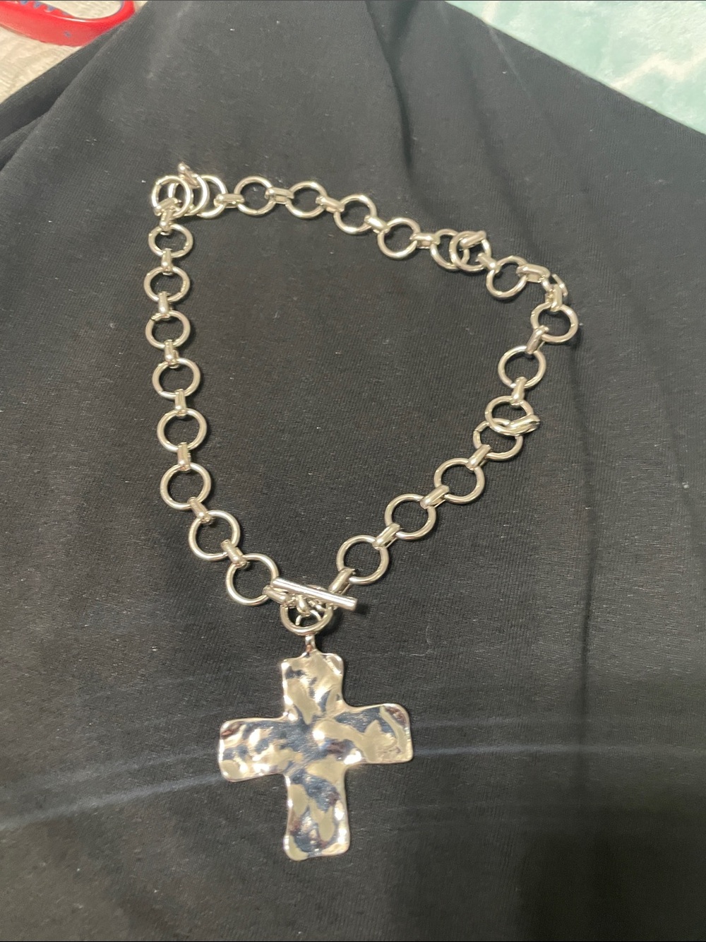 Silver tone Hammered Cross Toggle Necklace - Women Jewelry